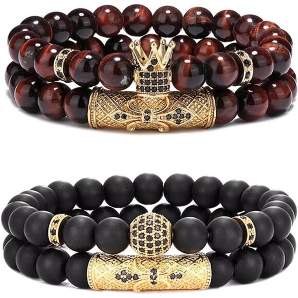 Mens Womens Crown King Bracelet Set Natural Tiger Eye Black Onyx Stone Beads - Picture 1 of 8